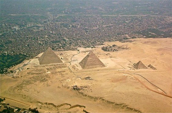 Desert approach to the Giza pyramids. via Wikipedia.